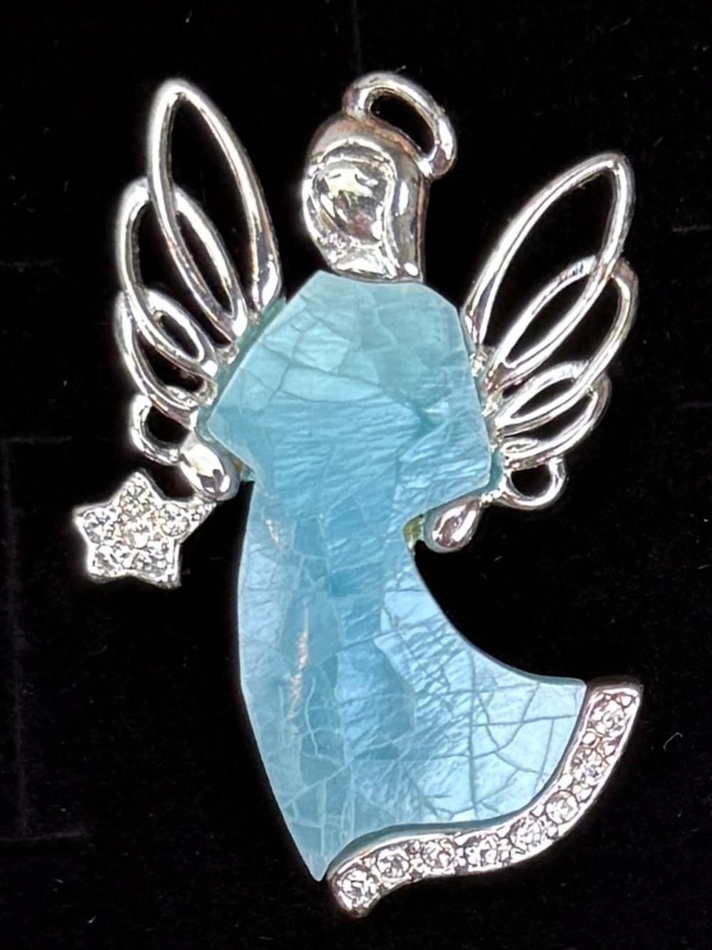 Vintage Silvertone Blue Angel Pendant Brooch